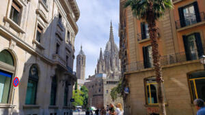 View of Barcelona Cathedral between buildings