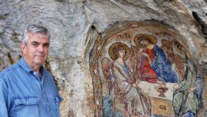 mosiacs in mountain wall, Ostrog Monastery