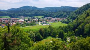 View from Mirna Castle of our camping spot in Sports Parking area