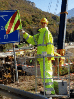 Great mannequin that waves the flag up and down to warn traffic in Croatia