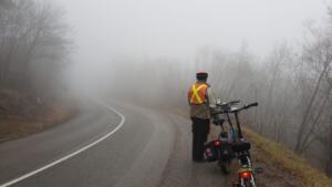 Cycling in the cloud in Ucka National Park, Croatia.  Altitude 900m