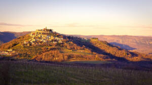 Walled city of Motovun at sunset