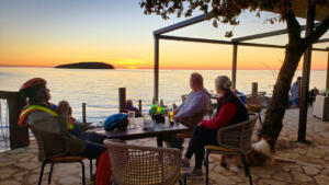 Watching the sunset over the Adriatic prior to lockdown. Mike with Ingrid & Mark from Ireland