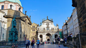 St. Salvator church at one end of Charles Bridge at entrance to Old Town, Prague, CZ