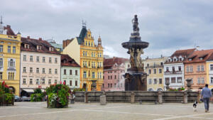 Great fountain in Main square in České Budějovice, CZ