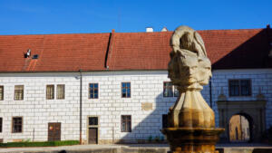 The crow pecking at the head of a Turk from the coat of arms of the House of Schwarzenberg. This fountain was in Třeboň, CZ