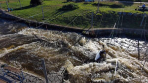 Drone photo of kayaker in České Vrbné campground near České Budějovice, CZ