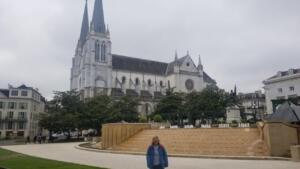 Jackie in Place de la Libération in front of Eglise Saint Jacques in Pau