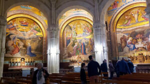 Beautiful 25 ft tall mosaic pictures in the Upper Basilica, Lourdes