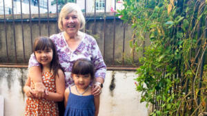 Jackie with two great kids at their home in Barcelona