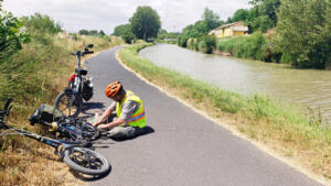 Mike with four flat tire problems on the Canal du Midi