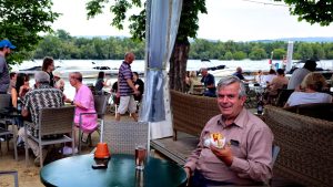 Eating at our campground on the Rhine in Heidenfahrt, Germany