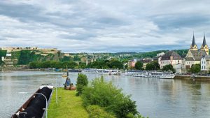 Mosel River joining the Rhine ahead in Koblenz, Germany