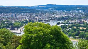 Deutsches Eck or Germany's corner. Mosel (top) joins the Rhine (across bottom).