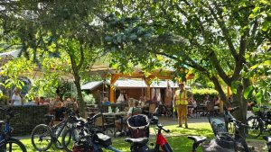 Maare-Mosel-Radweg. Café and wine for all the cyclists.