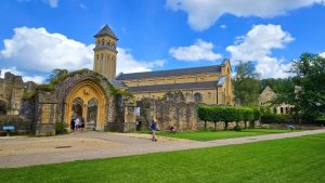 Abbey ruins in centre of new abbey. Abbaye d'Orval, Belgium