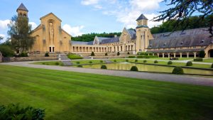 Abbaye d'Orval, Belgium with old abbey ruins in centre 