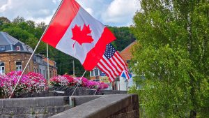 Canada Flag on bridge in Rochefort, Belgium