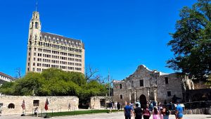 The Alamo with the city all around it, in San Antonio, Texas