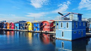 Colourful floating homes in Vancouver BC.