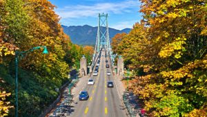 Cycling across the Lion's Gate Bridge in Vancouver.